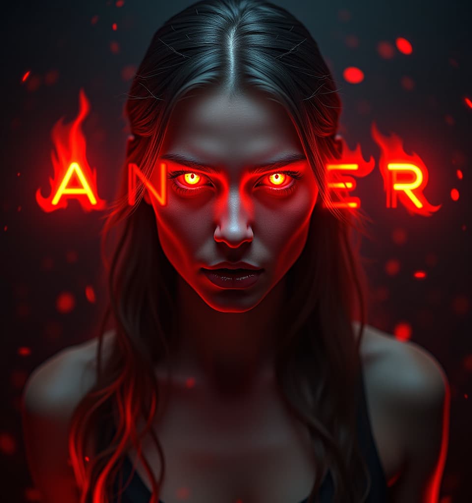  abstract image conveying the emotion of anger black background. red fire evil glowing eyes, angry woman, ultra high definition rendering, photorealistic textures, dynamic and dramatic lighting dissolving colors. dissolution of textures. interpenetration of layers and textures. cinematic composition, radiant and fiery aura, bright and ethereal energy. large fire letters across the woman, "anger". hyperrealistic, full body, detailed clothing, highly detailed, cinematic lighting, stunningly beautiful, intricate, sharp focus, f/1. 8, 85mm, (centered image composition), (professionally color graded), ((bright soft diffused light)), volumetric fog, trending on instagram, trending on tumblr, HDR 4K, 8K