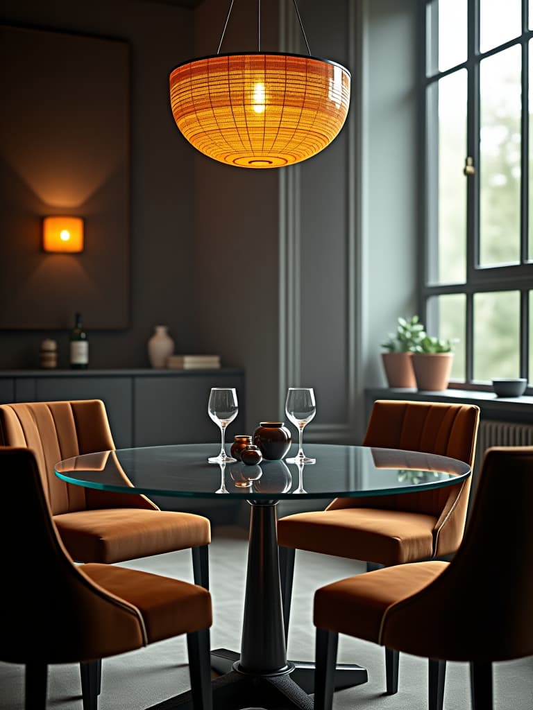  high quality portrait photo of an elegant dining area with a round glass table, velvet upholstered chairs, and a dramatic pendant light casting a warm glow hyperrealistic, full body, detailed clothing, highly detailed, cinematic lighting, stunningly beautiful, intricate, sharp focus, f/1. 8, 85mm, (centered image composition), (professionally color graded), ((bright soft diffused light)), volumetric fog, trending on instagram, trending on tumblr, HDR 4K, 8K