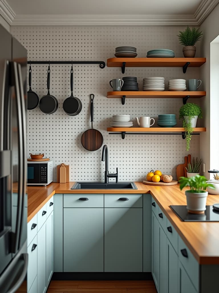  high quality portrait photo of a stylish small kitchen with vertical storage solutions, including a pegboard wall for hanging pots and pans, and floating shelves with neatly arranged dishes and cookbooks hyperrealistic, full body, detailed clothing, highly detailed, cinematic lighting, stunningly beautiful, intricate, sharp focus, f/1. 8, 85mm, (centered image composition), (professionally color graded), ((bright soft diffused light)), volumetric fog, trending on instagram, trending on tumblr, HDR 4K, 8K