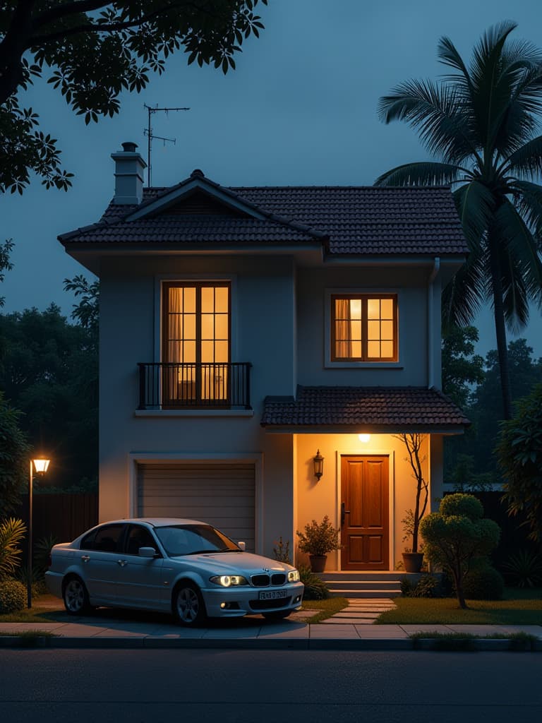  a house in india at dark night time. they are street light. they are a indian car the image focas on the house. the car 16:9 ratio size create image size is 1280 x 720 pixels with a minimum width of 640 pixels. the aspect ratio should be 16:9, hyperrealistic, full body, detailed clothing, highly detailed, cinematic lighting, stunningly beautiful, intricate, sharp focus, f/1. 8, 85mm, (centered image composition), (professionally color graded), ((bright soft diffused light)), volumetric fog, trending on instagram, trending on tumblr, HDR 4K, 8K