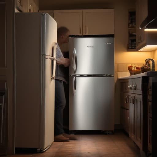 A photo of a skilled appliance repair technician inspecting a vintage refrigerator in a quaint, dimly lit kitchen during early evening with warm, ambient lighting casting dramatic shadows.