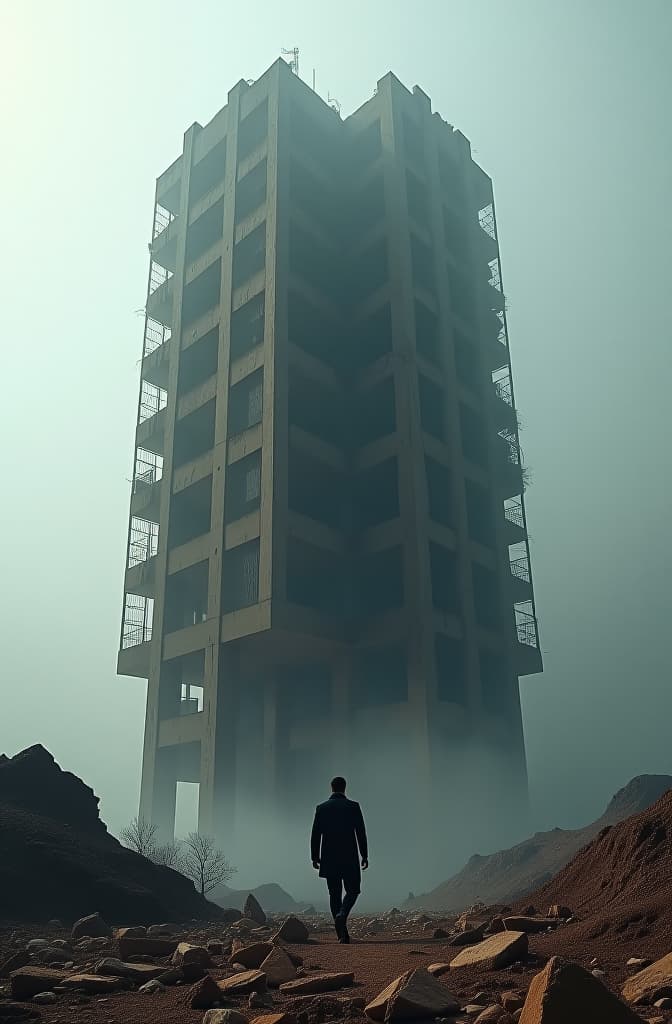  quiero la imagen de un edificio en destrucción que esté dividido en dos partes hyperrealistic, full body, detailed clothing, highly detailed, cinematic lighting, stunningly beautiful, intricate, sharp focus, f/1. 8, 85mm, (centered image composition), (professionally color graded), ((bright soft diffused light)), volumetric fog, trending on instagram, trending on tumblr, HDR 4K, 8K