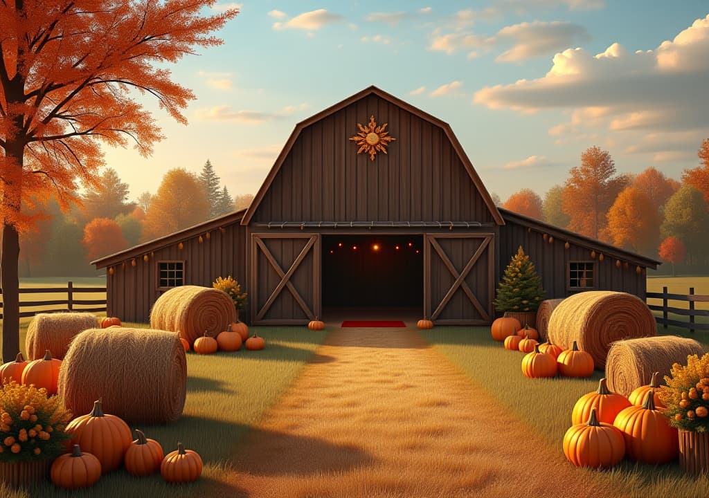  harvest festival scene with a barn, hay bales, and festive decorations, capturing the joy of the season, high quality, high details, hd, perfect composition, 4k epic detailed, highly detailed, sharp focus, high resolution