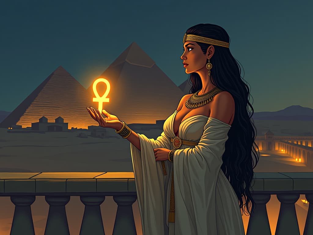  a large busted, attractive egyptian woman in sheer linen robes, standing on a balcony overlooking the pyramids, hands gently resting on a glowing ankh, symbolizing inspiration and focus, serene night. the style is digital art illustration / modern comic book / mysterious occult, symbolic, esoteric vibe,high detail on character design, incorporating ancient egyptian symbology and attire.