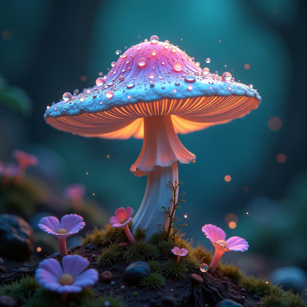  vibrant, iridescent mushroom with delicate, swirling cap, surrounded by soft, ethereal luminescence, speaking in a swirling aura of shimmering, pastel mist, set against a rich, velvety, dark turquoise background with deep golden, ornate filigree, intricate fungal networks, and suspended, glowing, dreamlike droplets, rendered in breathtaking, hyper detailed, 8k matte painting style, blending ian mcque's dark fantasy, simon stalenhag's atmospheric lighting, and noah bradley's breathtaking, hyper realistic textures, with bold, clashing hues of emerald green, sapphire blue, and amethyst, inspired by unreal engine 5's photorealistic capabilities, evoking a sense of mystic wonder and awe.