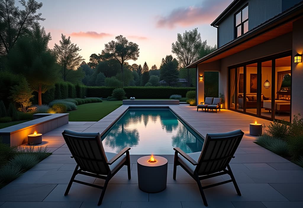  a landscape photo of a serene backyard patio with a tranquil water feature, comfortable lounge chairs, and soft ambient lighting at dusk, surrounded by lush greenery hyperrealistic, full body, detailed clothing, highly detailed, cinematic lighting, stunningly beautiful, intricate, sharp focus, f/1. 8, 85mm, (centered image composition), (professionally color graded), ((bright soft diffused light)), volumetric fog, trending on instagram, trending on tumblr, HDR 4K, 8K