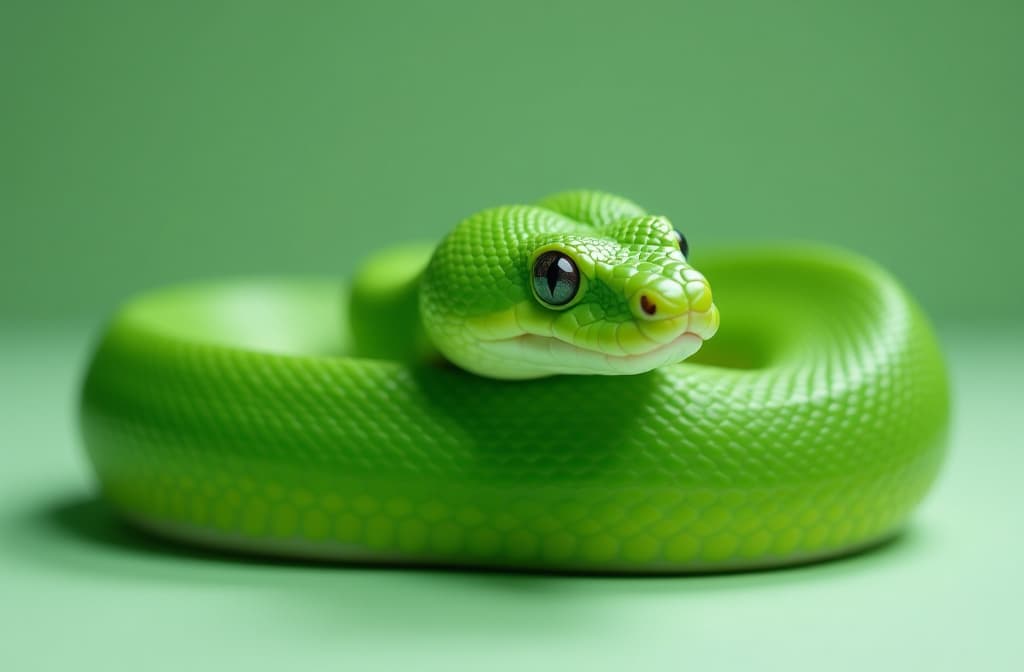  professional detailed photography, cute green snake, light background ar 3:2, (muted colors, dim colors, soothing tones), (vsco:0.3)