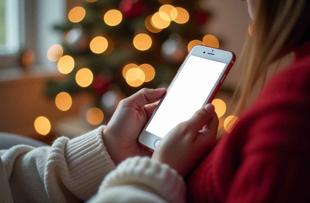  close up, white skin female hands holding phone, use close up mobile cell phone with blank screen workspace area red wool sweater, white christmas room in background, christmas lights and bokeh ar 3:2 {prompt}, maximum details