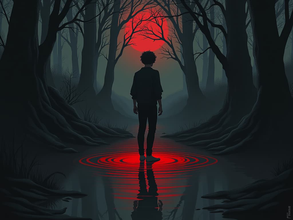  narcissus, youth with curly hair, staring intently at his own reflection in a woodland pool, surrounded by dark, ancient trees, eerie, melancholic.. the style is dark fantasy and mysterious occult, symbolic, moody lighting, esoteric vibe,high detail on character design. for the color scheme emphasize blacks and reds.