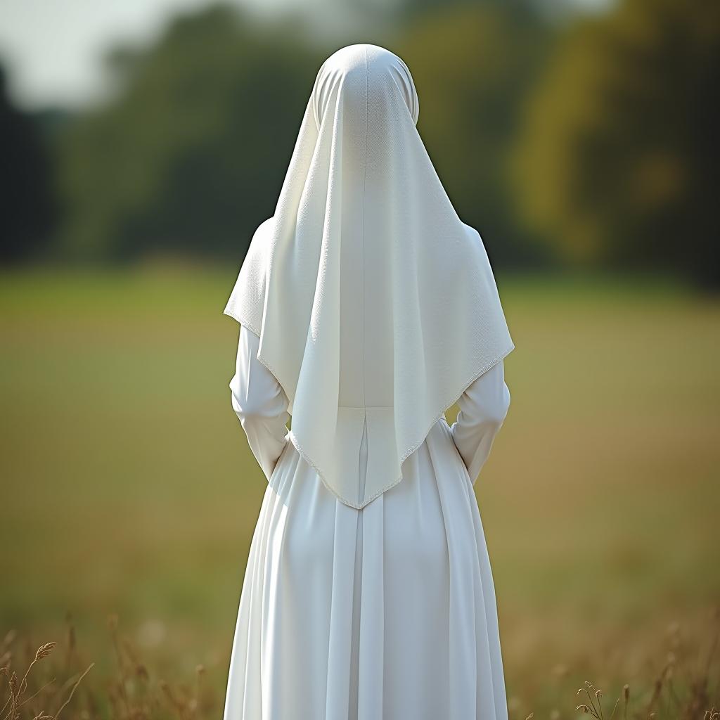  a muslim woman in a long white dress and hijab, seen from behind.