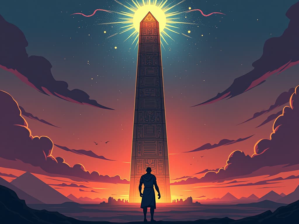  a majestic obelisk adorned with hieroglyphs, standing tall against a twilight sky, cosmic energies swirling around, an aura of change emanating. the style is digital art illustration / modern comic book / mysterious occult, symbolic, esoteric vibe,high detail on character design, incorporating ancient egyptian symbology and attire.