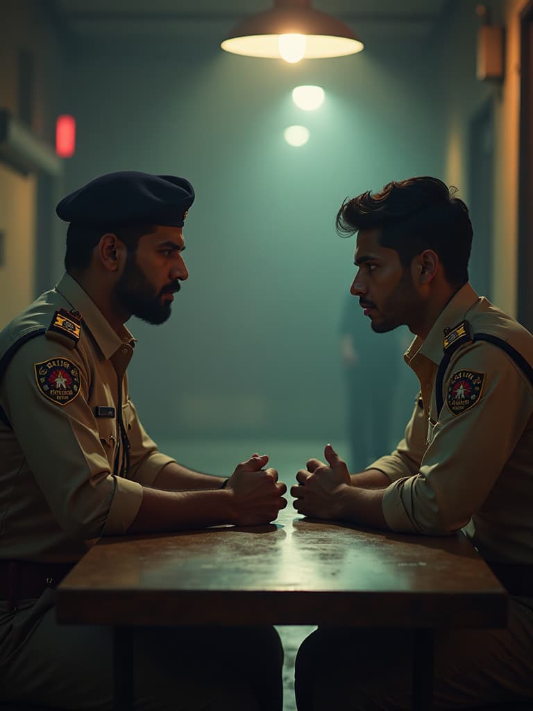  indian police officers investigating two young indian citizens they both are looking like a bad boys .the police officers and the 2 bad boys sitting opposite.  in the middle. their is a table. create youtube thumbnile size image hyperrealistic, full body, detailed clothing, highly detailed, cinematic lighting, stunningly beautiful, intricate, sharp focus, f/1. 8, 85mm, (centered image composition), (professionally color graded), ((bright soft diffused light)), volumetric fog, trending on instagram, trending on tumblr, HDR 4K, 8K