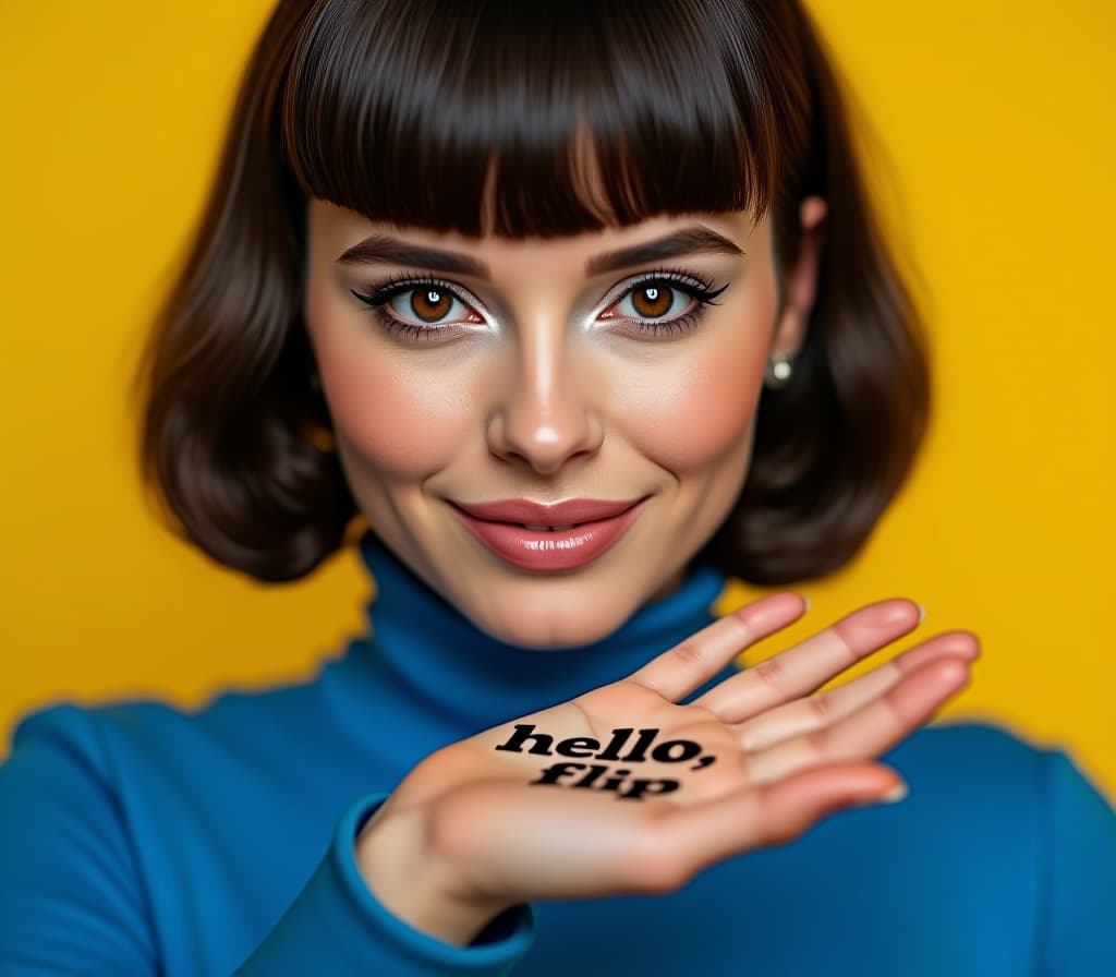  close up of woman with bangs, bold eyeliner and blue turtleneck sweater against an yellow background, 1960s editorial. on her palm there are words "hello, flip" hyperrealistic, full body, detailed clothing, highly detailed, cinematic lighting, stunningly beautiful, intricate, sharp focus, f/1. 8, 85mm, (centered image composition), (professionally color graded), ((bright soft diffused light)), volumetric fog, trending on instagram, trending on tumblr, HDR 4K, 8K