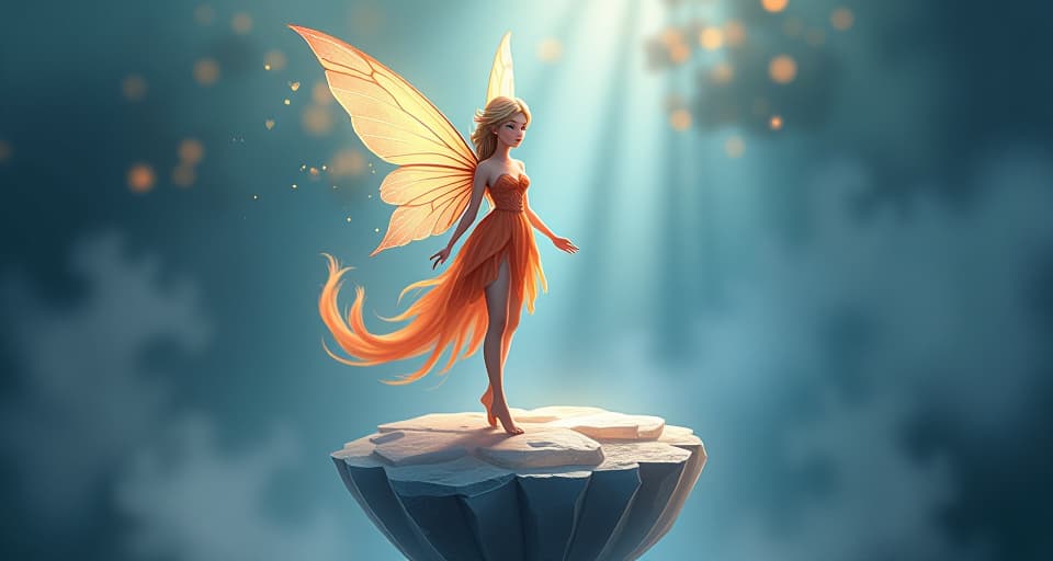  an ethereal fairy with glowing wings standing on a floating crystal platform. her eyes shimmer with understanding, as the surrounding mist parts, otherworldly illumination.. the style is digital art illustration,highly detailed, whimsical,magical, dreamlike atmosphere, realism and fantasy blend, smooth, glossy textures,luminous quality, wonder and enchantment.