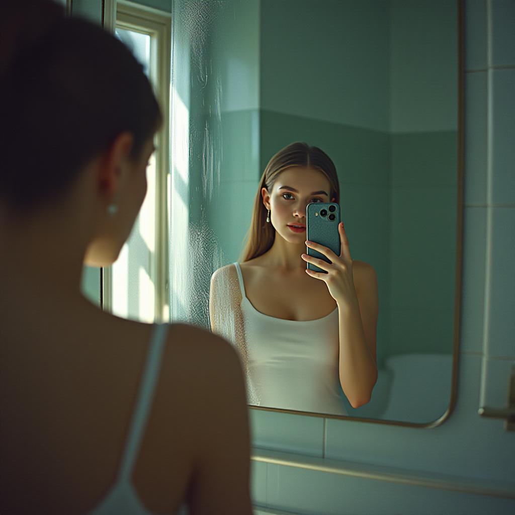  a \(\) taking selfies of herself on her phone in a mirror in the tub of a typical panel soviet communal apartment in yekaterinburg, the mirror is dusty and streaked, small s, digital grainy high iso, elaborated skin, elaborated soft light