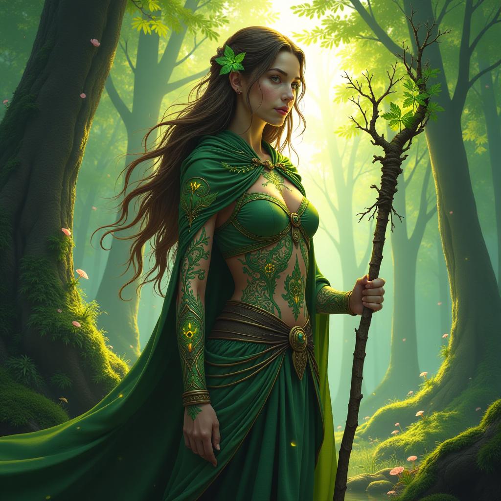  foreground: a majestic forest guardian stands tall, adorned with intricate, glowing tattoos that mirror the patterns of the forest. her long, flowing hair is woven with vines and leaves, and her eyes glow softly like embers. she wears a cloak made from the very essence of the woods, with branches and petals seamlessly integrated into its fabric. in one hand, she holds a staff that seems to be a living tree branch, pulsing with a gentle, ethereal light. background: a lush, vibrant forest unfolds behind her, with towering trees that stretch towards the sky. the leaves are a kaleidoscope of greens, from deep emerald to bright lime, and the trunks are adorned with moss and glowing fungi. sunlight filters through the canopy above, casting dappl