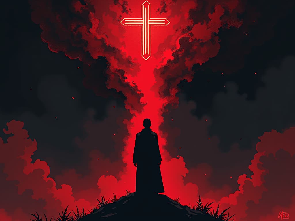  figure in red looking up at glowing symbols in sky, sense of divine confirmation. the style is digital art illustration / modern comic book / graphic dark novel fantasy and mysterious occult, symbolic, moody lighting, esoteric vibe,high detail on character design. for the color scheme emphasize blacks and reds.