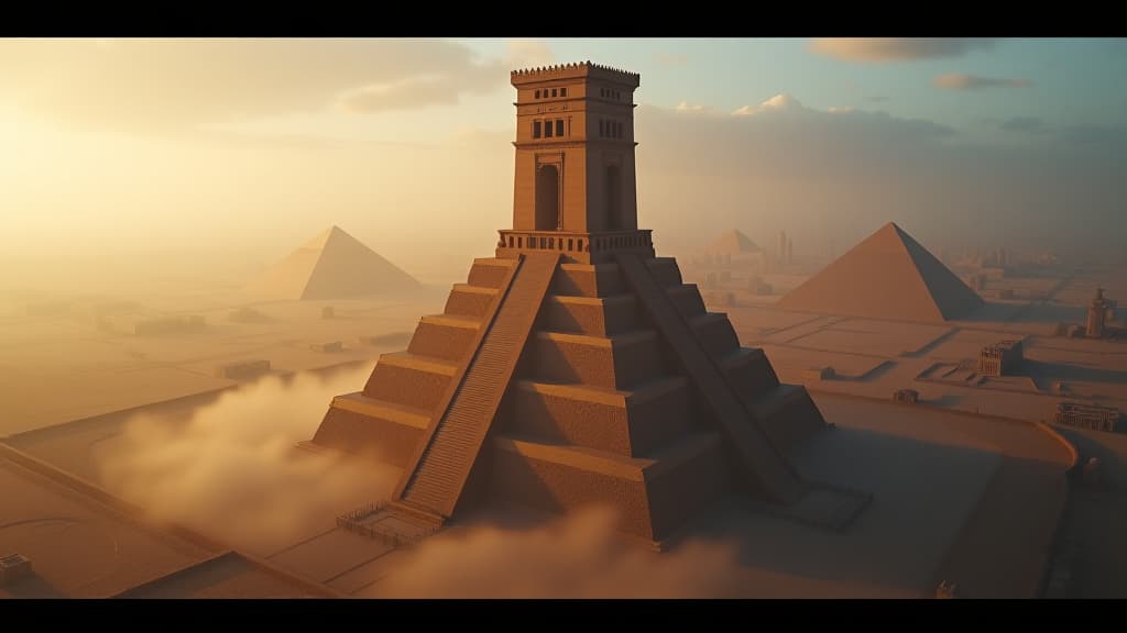  a high vantage point view of the tower of babel, showcasing its height and grandeur against the mesopotamian skyline. hyperrealistic, full body, detailed clothing, highly detailed, cinematic lighting, stunningly beautiful, intricate, sharp focus, f/1. 8, 85mm, (centered image composition), (professionally color graded), ((bright soft diffused light)), volumetric fog, trending on instagram, trending on tumblr, HDR 4K, 8K