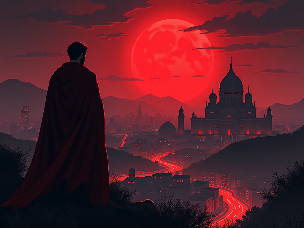  onlooker in red, distant gaze at glowing cityscape, flourishing life, contrasted emotions of pride and missed opportunities. the style is digital art illustration / modern comic book / graphic dark novel fantasy and mysterious occult, symbolic, moody lighting, esoteric vibe,high detail on character design. for the color scheme emphasize blacks and reds.