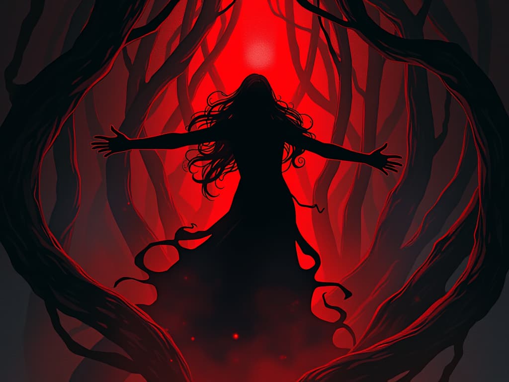  elated figure in red, breaking free from shadowy tendrils, reclaiming energy. the style is digital art illustration / modern comic book / graphic dark novel fantasy and mysterious occult, symbolic, moody lighting, esoteric vibe,high detail on character design. for the color scheme emphasize blacks and reds.