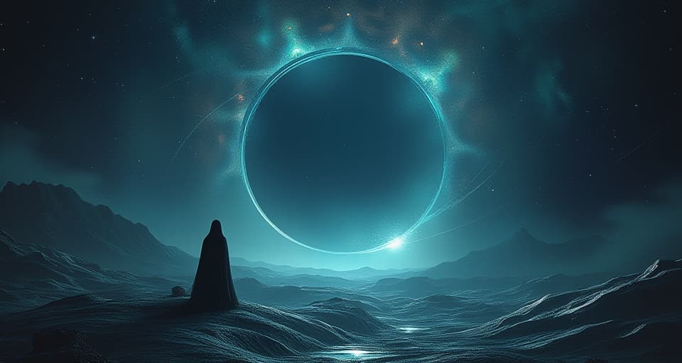  an empty celestial landscape with enigmatic dark voids. mystical beings look lost and somber, symbolizing the profound spiritual emptiness pervasive in the scene.. the style is digital art illustration,highly detailed, whimsical,magical, dreamlike atmosphere, realism and fantasy blend, smooth, glossy textures,luminous quality, wonder and enchantment.