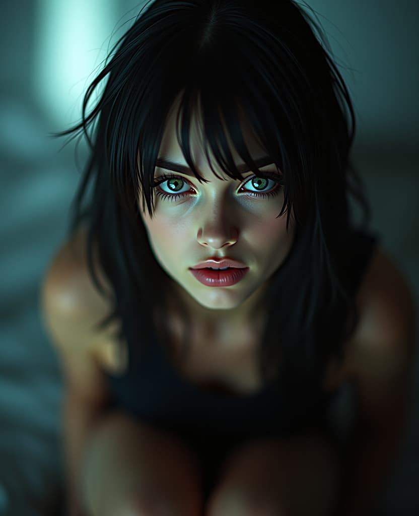  cinematic photo raw lighting, over, harsh flash, masterpiece, ultra realistic 8k, (best quality), highly detail, sharp, detailed,higher resolution textures, 4k graphic resolution, 1, solo, beautiful , perfect eyes, , cute face, pose, pose, goth , blue eyes, oily skin, shiny skin, black hair hime cut, gles, looking downwards, gigantic s, heavy s, delicate body, . 35mm photograph, film, bokeh, professional, 4k, highly detailed hyperrealistic, full body, detailed clothing, highly detailed, cinematic lighting, stunningly beautiful, intricate, sharp focus, f/1. 8, 85mm, (centered image composition), (professionally color graded), ((bright soft diffused light)), volumetric fog, trending on instagram, trending on tumblr, HDR 4K, 8K