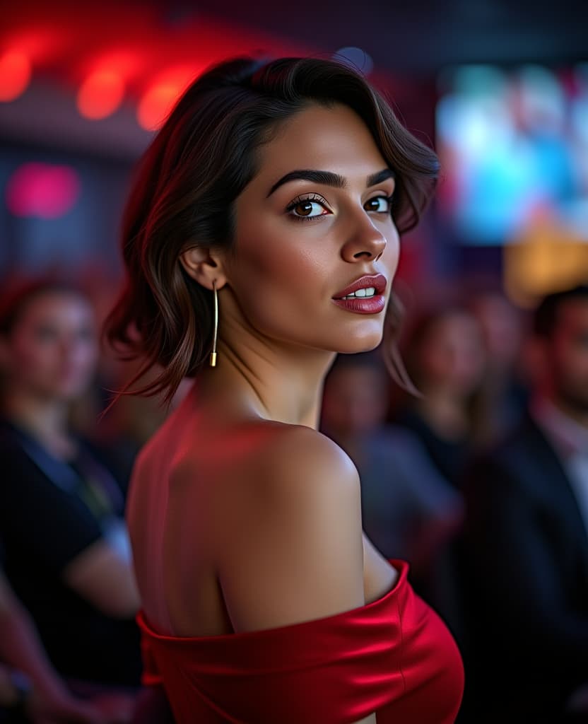  generate a highly detailed image of beauty in red velvet dress: attractive masular lady with glamorous style – a sensual portrait in a red dress on a dark background, use a canon eos r5 camera equipped with a 50mm f/1.2 lens, ensuring impeccable sharpness and focus on her face while gently blurring the audience to create a sense of depth. the lighting should be soft yet vibrant, emphasizing her expression and the lively atmosphere of the conference. set the iso to 400 for optimal light sensitivity and the aperture to f/2.8 to achieve a beautiful bokeh effect that separates her from the background, enhancing the realism of the image.