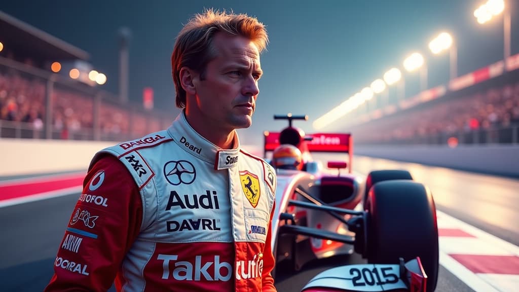  prompt: create a hyper realistic image showcasing mick schumacher in a dramatic f1 comeback scene. the composition should feature mick schumacher in his racing suit, surrounded by the logos of audi, mercedes, and alpine, symbolizing his diverse roles and ambitions. incorporate a vivid f1 track background with a dynamic, light filled atmosphere to emphasize the importance of timing in formula 1. ensure every pixel reflects the sharpness of the details, highlighting the intensity of his desire for