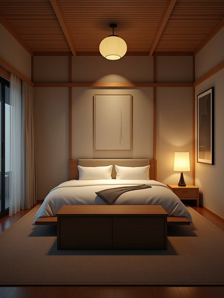  high quality portrait photo of a japanese inspired bedroom with a low wooden storage chest, washi paper lamps, and a minimalist futon bed hyperrealistic, full body, detailed clothing, highly detailed, cinematic lighting, stunningly beautiful, intricate, sharp focus, f/1. 8, 85mm, (centered image composition), (professionally color graded), ((bright soft diffused light)), volumetric fog, trending on instagram, trending on tumblr, HDR 4K, 8K