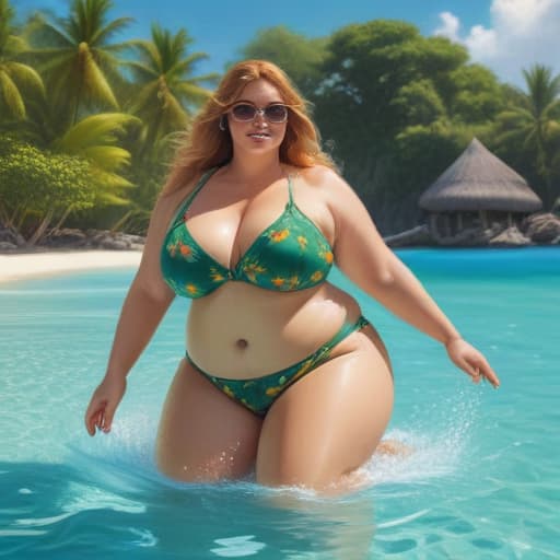 Draw a fat woman in bikini swiming in beautiful Islands