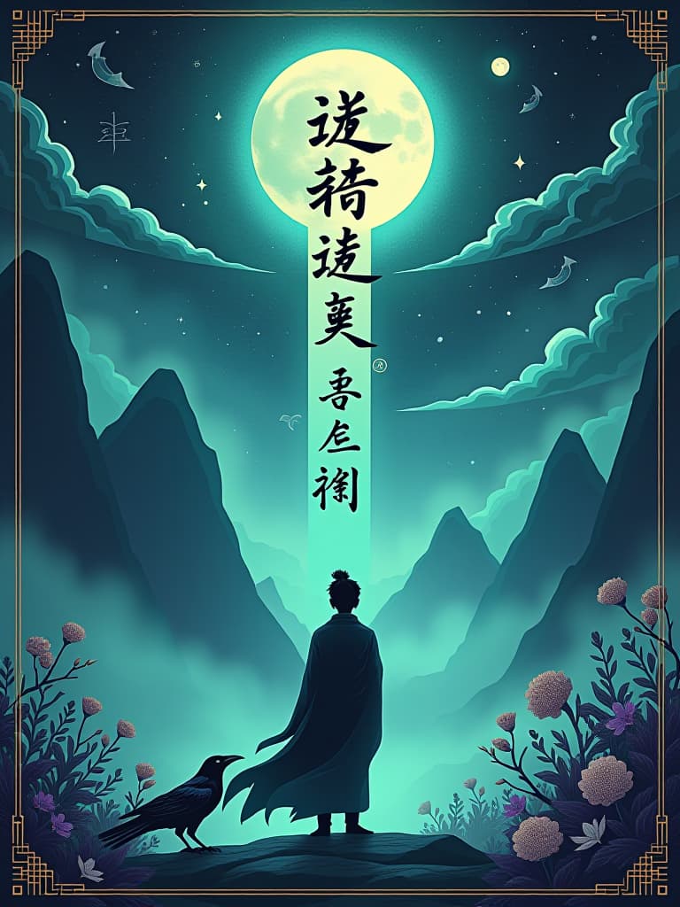  mystical cultivation cover, silhouetted protagonist, glowing energy, deep blue, green, purple, gold accents, misty mountains, magical plants, vertical scroll design, elegant fantasy typography, chinese calligraphy, black crow, five elements symbols, ethereal illustration, traditional chinese art, modern fantasy, young cultivator reaching, celestial symbols, swirling energy patterns, floating artifacts, atmospheric mystery, talisman designs, magical script, star motifs, mortal to immortal transformation, light and shadow contrast, natural elements, cultivation robes, cosmic background, jade artifacts, phoenix feather, dragon scales, celestial clouds, ethereal mist, ancient scripture, floating islands, spirit beasts, yin yang symbol, celestia