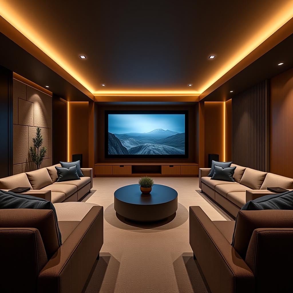  this unedited 8k photograph captures a home theater room designed in a contemporary style, defined by the latest trends featuring clean lines, balance, harmony, and dense furnishings. the image showcases a stunningly beautiful, hyperrealistic view with intricate details, achieved through sharp focus, symmetrical balance, and professionally color graded using bright, soft, diffused light. the hdr technique enhances the highly detailed and intricate aspects, making the image appear as if it's a raw, in frame capture, perfect for cinematic experiences.