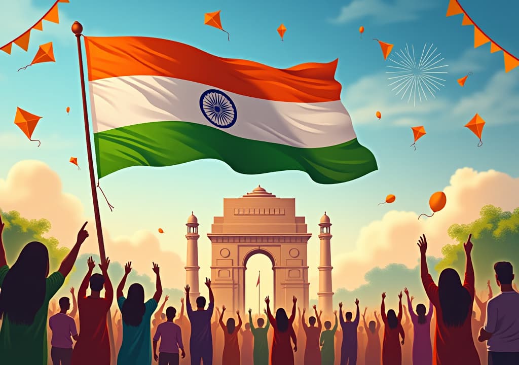  create a vibrant scene celebrating india's independence day. the image should feature the iconic indian flag waving proudly in the sky, with people of all ages dressed in traditional and modern attire, celebrating with joy. include elements like kites, balloons, and fireworks in the colors of the indian flag: saffron, white, and green. in the background, showcase famous indian landmarks like the red fort and india gate, surrounded by festive decorations and a sense of national pride