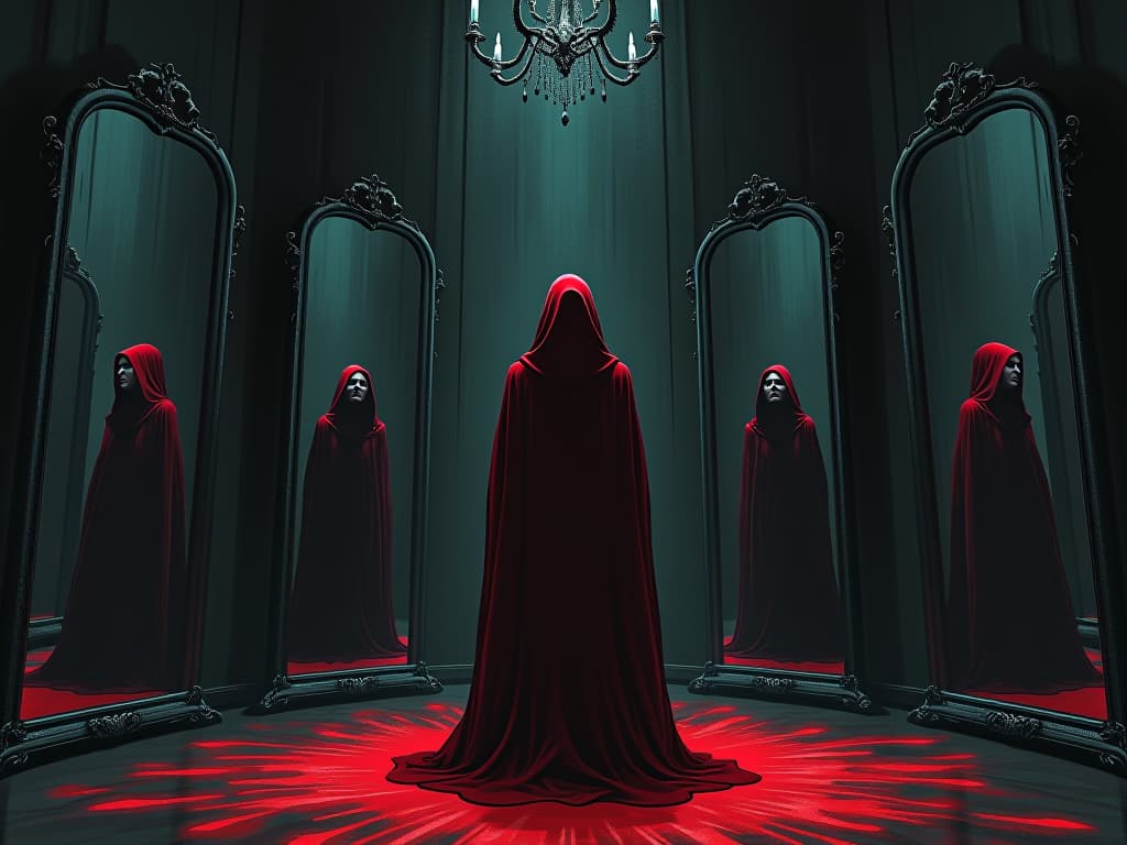  figure dressed in red, standing before a wall of mirrors, each reflecting different anguished expressions, dimly lit room, overwhelming atmosphere of discomfort. the style is digital art illustration / modern comic book / graphic dark novel fantasy and mysterious occult, symbolic, moody lighting, esoteric vibe,high detail on character design. for the color scheme emphasize blacks and reds.