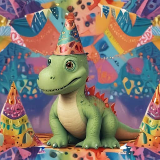 A cute dinosaur wearing a party hat surrounded by abstract, vibrant shapes and patterns.