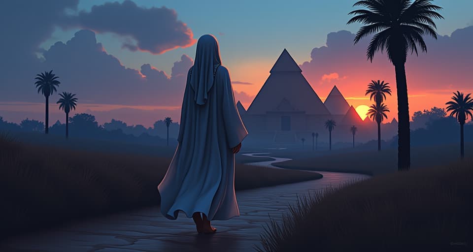  a serene, ancient egyptian village at twilight, large busted priestess in translucent clothing walking away from it, symbolizing retreat into comfort of former ignorance. the style is digital art illustration / modern comic book / mysterious occult, symbolic, esoteric vibe,high detail on character design, incorporating ancient egyptian symbology and attire.