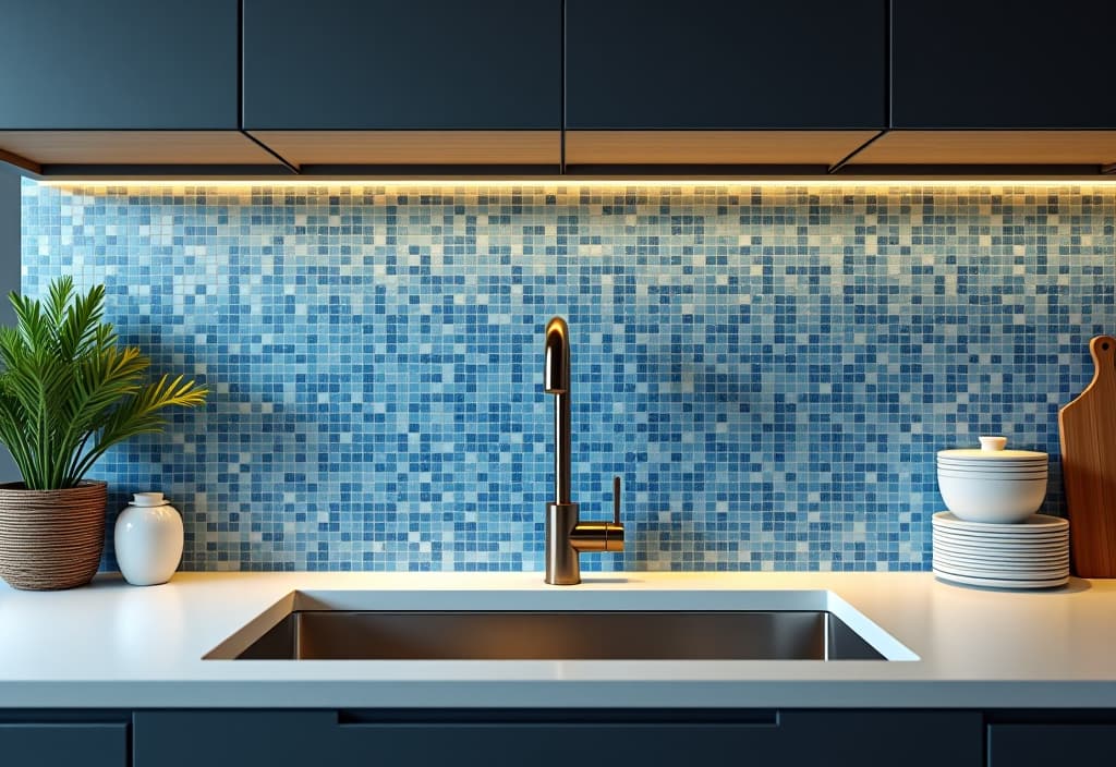  a landscape photo of a close up view of a modern kitchen with a stunning peel and stick mosaic tile backsplash in shades of blue and white, creating a focal point behind a sleek stainless steel sink hyperrealistic, full body, detailed clothing, highly detailed, cinematic lighting, stunningly beautiful, intricate, sharp focus, f/1. 8, 85mm, (centered image composition), (professionally color graded), ((bright soft diffused light)), volumetric fog, trending on instagram, trending on tumblr, HDR 4K, 8K