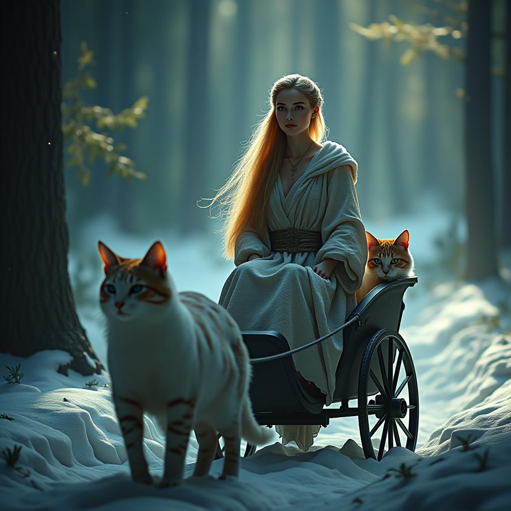  space themed ethereal fantasy concept art scandinavian woman rides in a chariot pulled by two cats, chariot with two wheels, in ancient scandinavian clothing, beautiful face, full body, in full growth, blond hair, in the scandinavian forest. magnificent, celestial, ethereal, painterly, epic, majestic, magical, fantasy art, cover art, dreamy . cosmic, celestial, stars, galaxies, nebulas, planets, science fiction, highly detailed hyperrealistic, full body, detailed clothing, highly detailed, cinematic lighting, stunningly beautiful, intricate, sharp focus, f/1. 8, 85mm, (centered image composition), (professionally color graded), ((bright soft diffused light)), volumetric fog, trending on instagram, trending on tumblr, HDR 4K, 8K