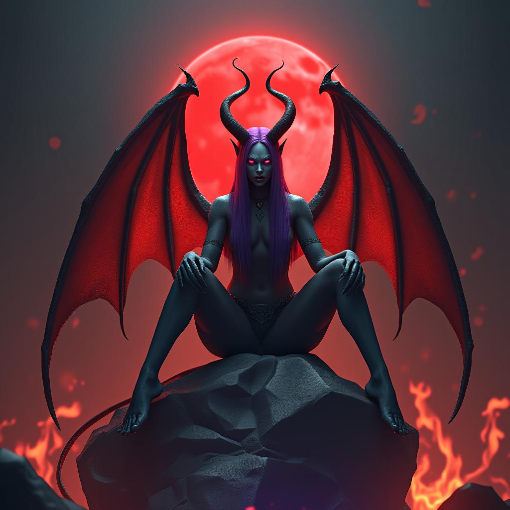  cinematic photo daemon succubus succub sitting on big stone spread legs, fire around , looking to camera angry face, long purple straight hair, red moon, with long black whip , devil skin, with huge red folded wings, red tail spear tail end, hell background, daemon skin tone, purple light from bottom :: high quality,hyperrealistic, photography, cinematic, volumetric lighting, octane render, arnold render, 3d, super detailed, megapixel cinematic lighting, anti aliasing, fkaa, txaa, rtx, ssao, post processing, post production, tone mapping, cgi, vfx, sfx, full color, volumetric lighting , hdr, realistic, hyperrealistic, photography, cinematic, 8k . 35mm photograph, film, bokeh, professional, 4k, highly detailed