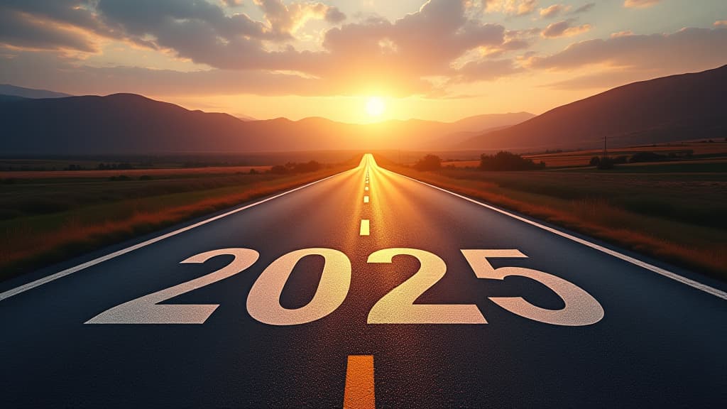  new year 2025, concept photo written on the road in the middle of asphalt road at morning, a conceptual photo of the path leading to a bright future