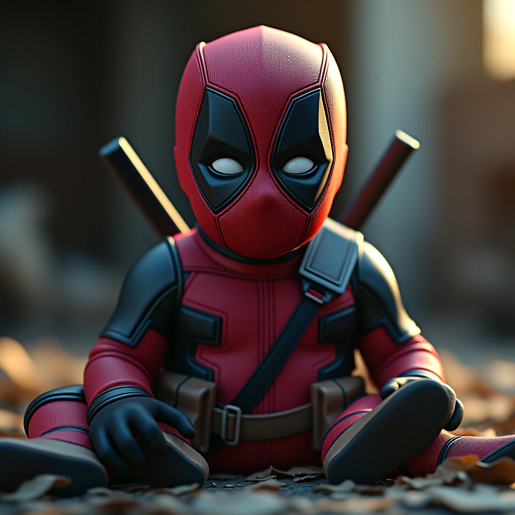  deadpool as a baby hyperrealistic, full body, detailed clothing, highly detailed, cinematic lighting, stunningly beautiful, intricate, sharp focus, f/1. 8, 85mm, (centered image composition), (professionally color graded), ((bright soft diffused light)), volumetric fog, trending on instagram, trending on tumblr, HDR 4K, 8K