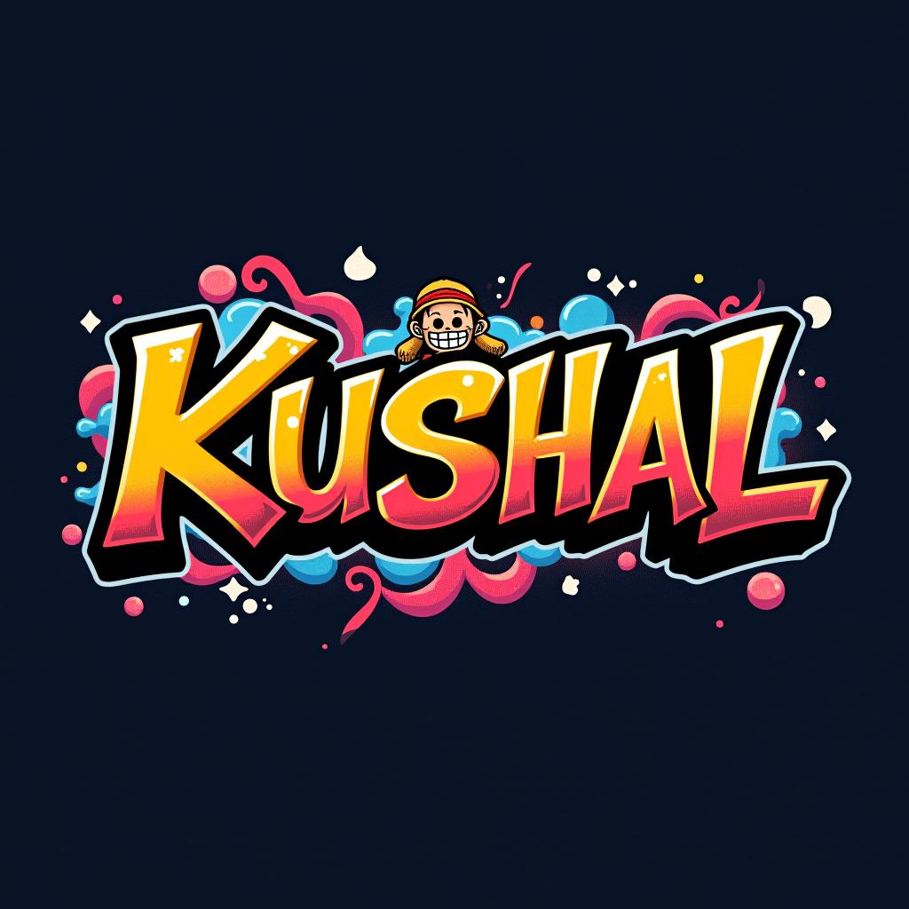  graffiti art style, design a logo using photoshop style effects. the logo should prominently feature the text 'kushal' in a bold, anime inspired font. incorporate elements and motifs from one piece, such as the straw hat pirate symbol or luffy’s hat, ensuring the design is unique and original. the color scheme should be vibrant and adventurous, reflecting the high seas excitement of the anime., dynamic, dramatic, vibrant colors, graffiti art style