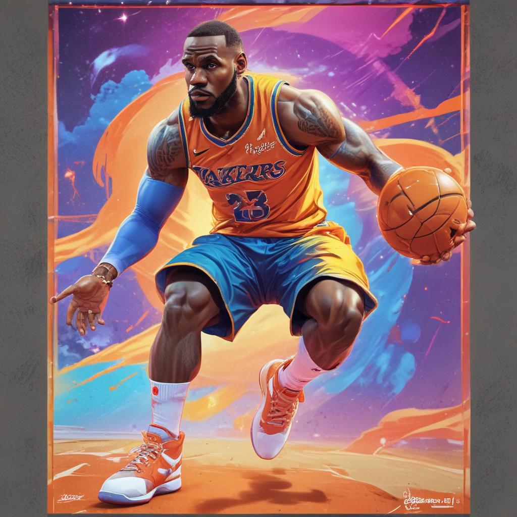 distance-shot, flashy, full-body, dynamic, holographic, animated cartoon poster of lebron james in the style of dragon ball super