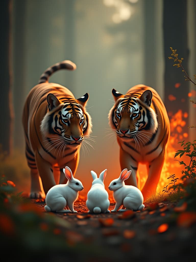  forest, fire, white rabbits in front of tigers photo realistic, highly intricate and detailed, masterpiece, ultra high res,photography,8k resolution