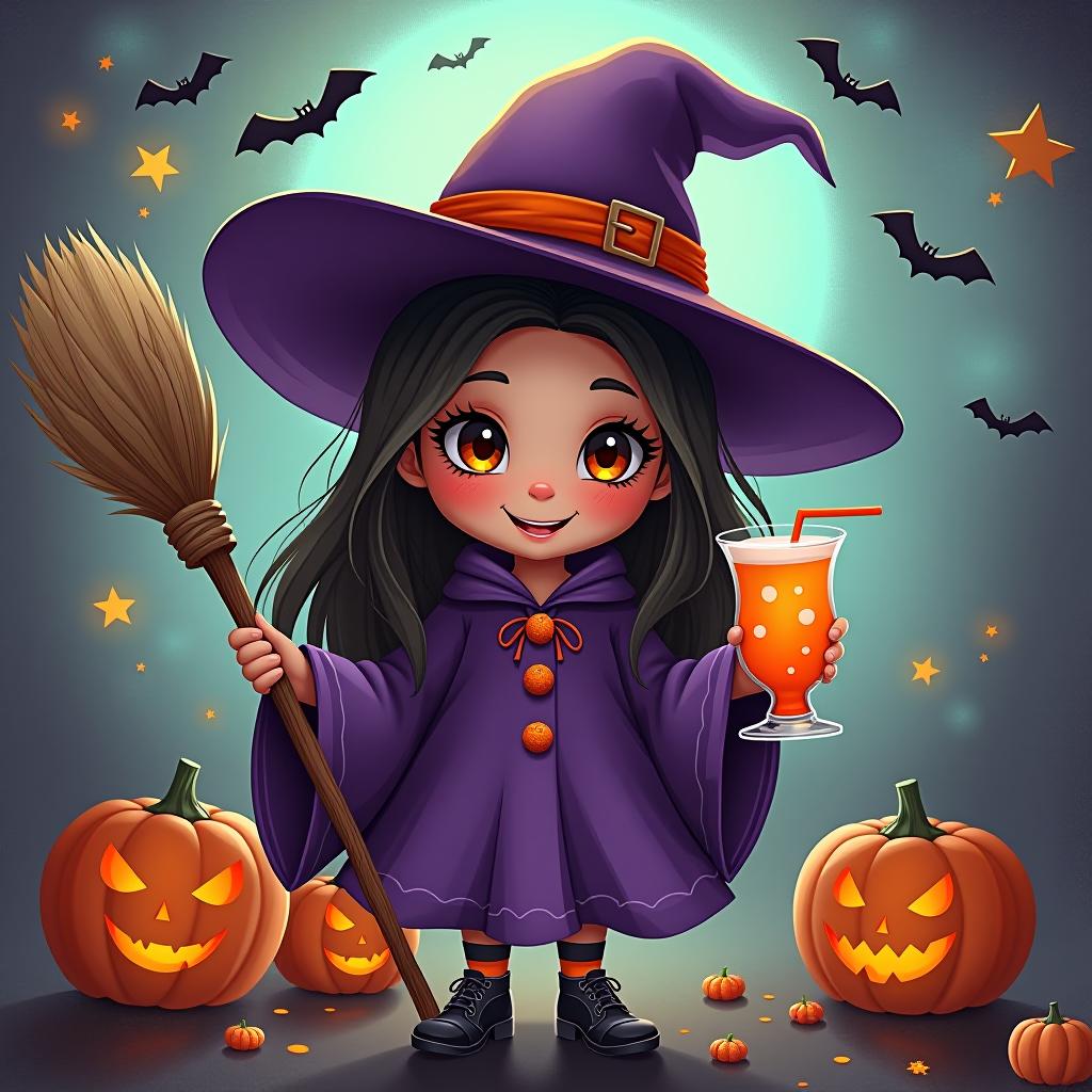  create a digital painting featuring a cute witch character. the witch should be wearing a hat. in one hand, the witch should hold a broomstick, and in the other hand, a halloween themed drink. the background should be colorful and include small black bats, pumpkins and stars to add a playful halloween touch. the overall style should be cute, whimsical, and colorful hyperrealistic, full body, detailed clothing, highly detailed, cinematic lighting, stunningly beautiful, intricate, sharp focus, f/1. 8, 85mm, (centered image composition), (professionally color graded), ((bright soft diffused light)), volumetric fog, trending on instagram, trending on tumblr, HDR 4K, 8K