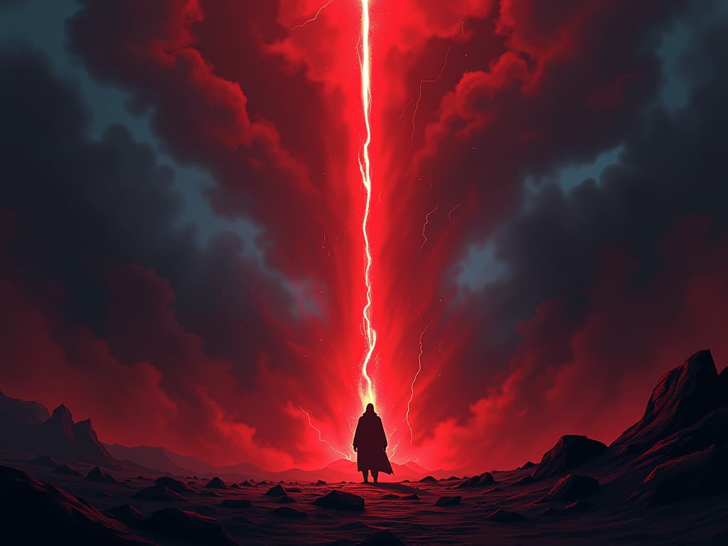  red meteor descending from a stormy sky, casting blazing light, sense of impending devastation. the style is digital art illustration / modern comic book / graphic dark novel fantasy and mysterious occult, symbolic, moody lighting, esoteric vibe,high detail on character design. for the color scheme emphasize blacks and reds.