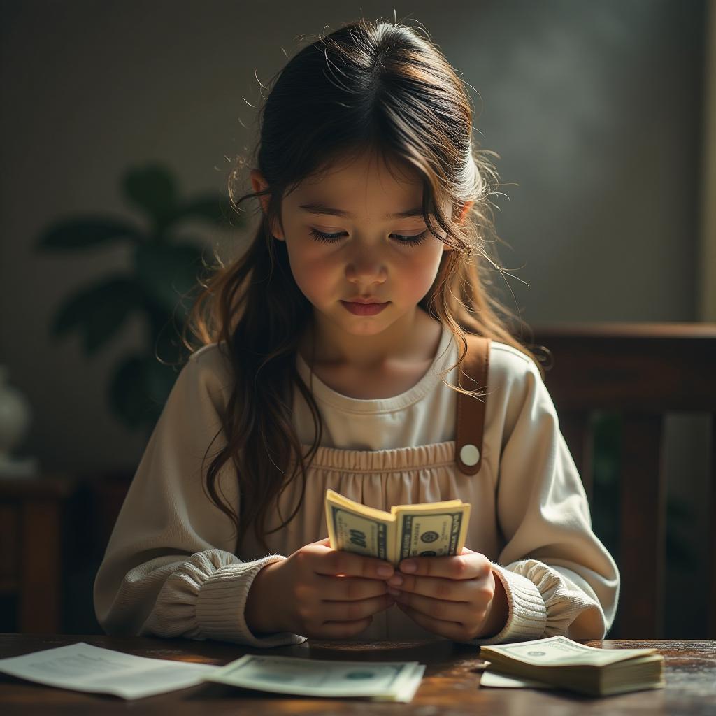  a brunette girl is counting money. hyperrealistic, full body, detailed clothing, highly detailed, cinematic lighting, stunningly beautiful, intricate, sharp focus, f/1. 8, 85mm, (centered image composition), (professionally color graded), ((bright soft diffused light)), volumetric fog, trending on instagram, trending on tumblr, HDR 4K, 8K