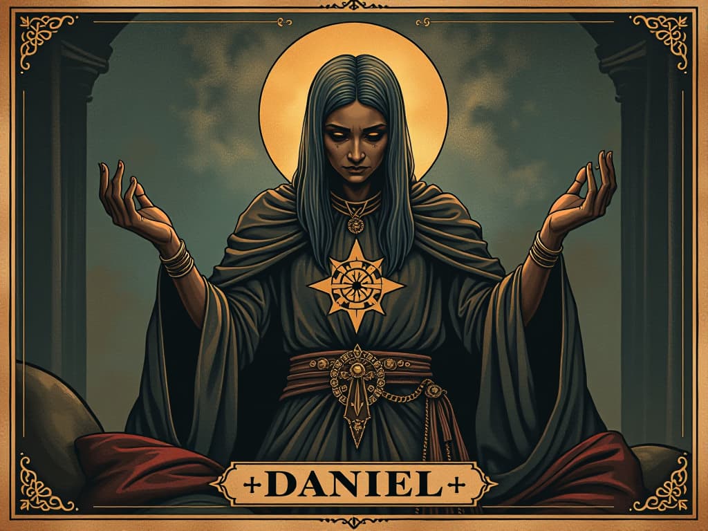  daniel, deep spiritual insight, decoding symbols, connection to god, profound atmosphere. an illustration in the style of a worn, mystical old tarot trump card, mysterious and elements of surrealism. the colors are muted, somber and eerie, but with contrast bring out an occult and esoteric vibe.