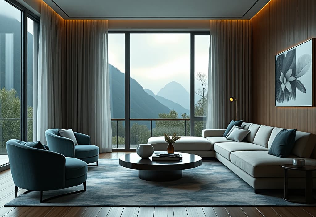  a landscape photo of an elegant living room color palette showcased through swatches of complementary hues, including rich blues, soft grays, and warm neutrals hyperrealistic, full body, detailed clothing, highly detailed, cinematic lighting, stunningly beautiful, intricate, sharp focus, f/1. 8, 85mm, (centered image composition), (professionally color graded), ((bright soft diffused light)), volumetric fog, trending on instagram, trending on tumblr, HDR 4K, 8K