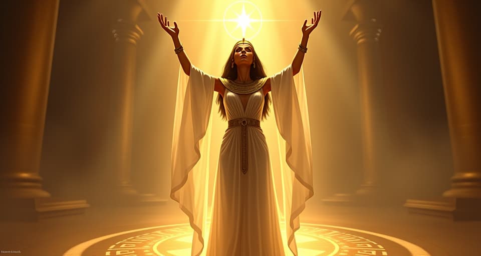  egyptian high priestess in sheer white dress, arms raised towards the sky, golden light surrounding, hieroglyphic symbols glowing on the ground, mood of divine intervention. the style is digital art illustration / modern comic book / mysterious occult, symbolic, esoteric vibe,high detail on character design, incorporating ancient egyptian symbology and attire.